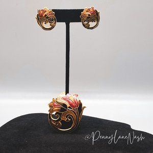 Fish&Crown Floral Tulip Brooch Pin & Push Back Earrings in Gold